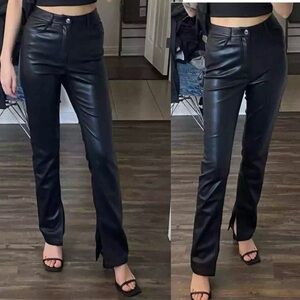 Zara Black faux leather pleather vegan high-rise pants slit ankle hem Sz 2 NWOT